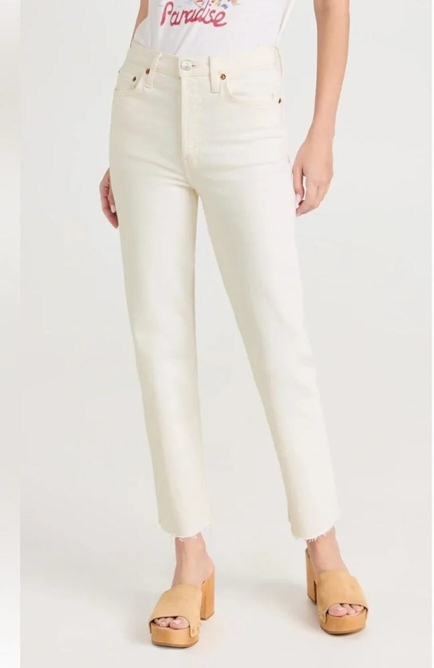 Re/Done 70’s High Rise Raw Hem Button Fly Cropped Straight Jeans Off White 26